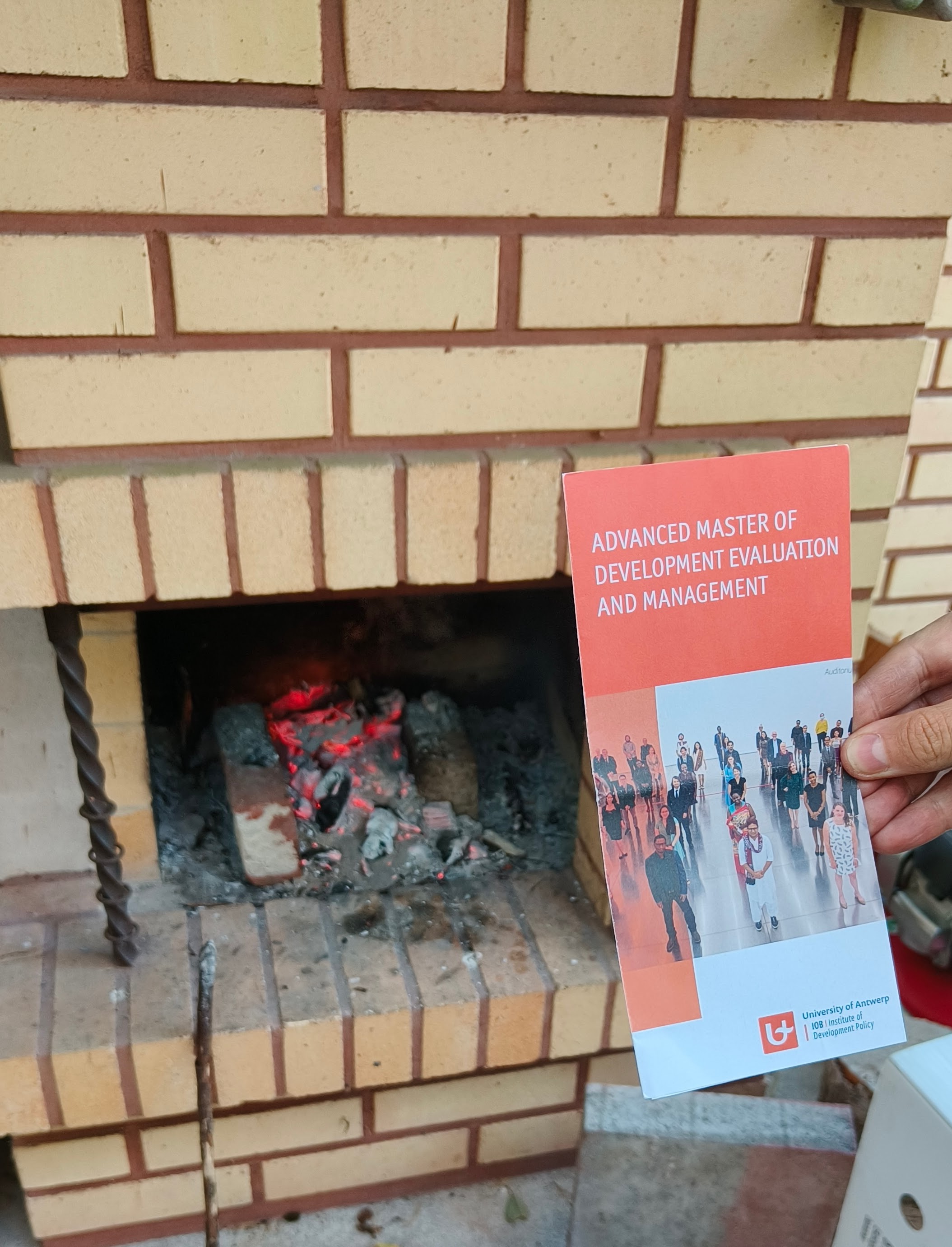 Kuvassa on kehitysevaluaatiomaisteriohjelman mainos tulipesän edessä.