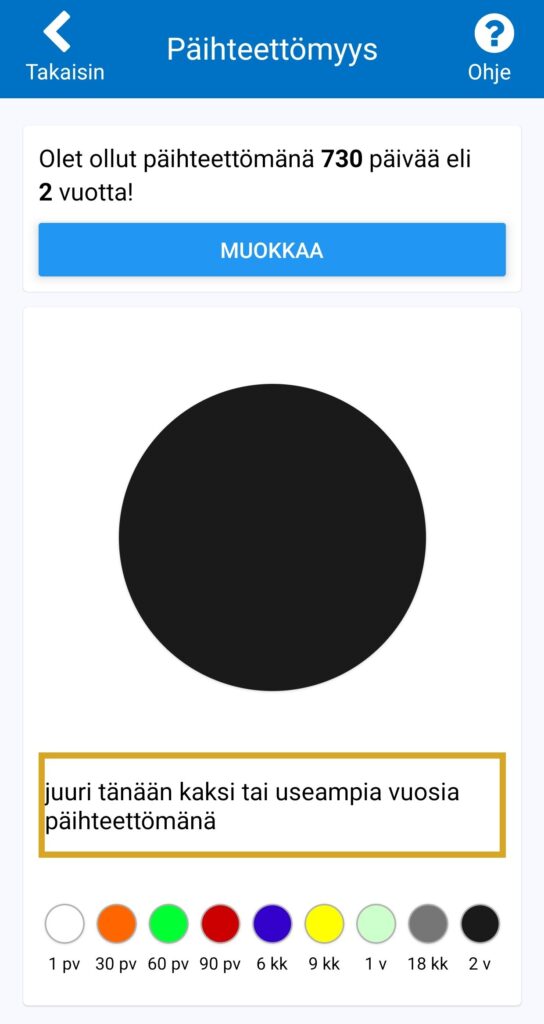 Helsinki Recovery App: kuva päihteettömyysajasta, jossa lukee tasan kaksi vuotta.